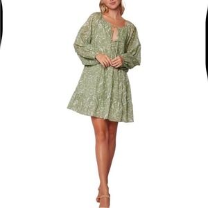 Lost + Wander Mini Dress Womens M Sage‎ Green Floral Tiered Babydoll Long Sleeve